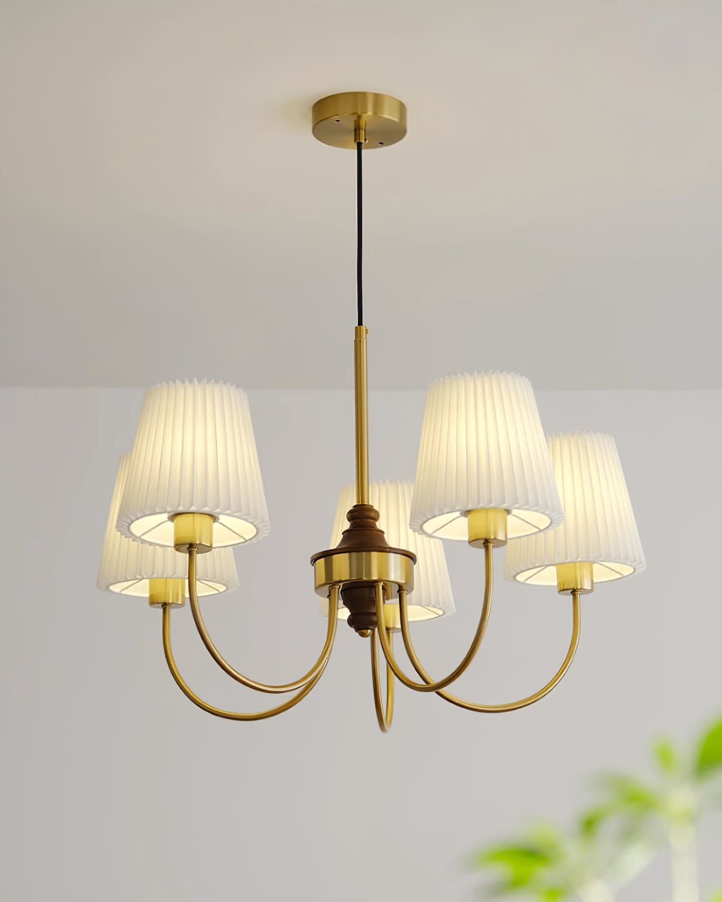 Jeremiah Chandelier Pleated Fabric Shades Brass Wood - Letslighting