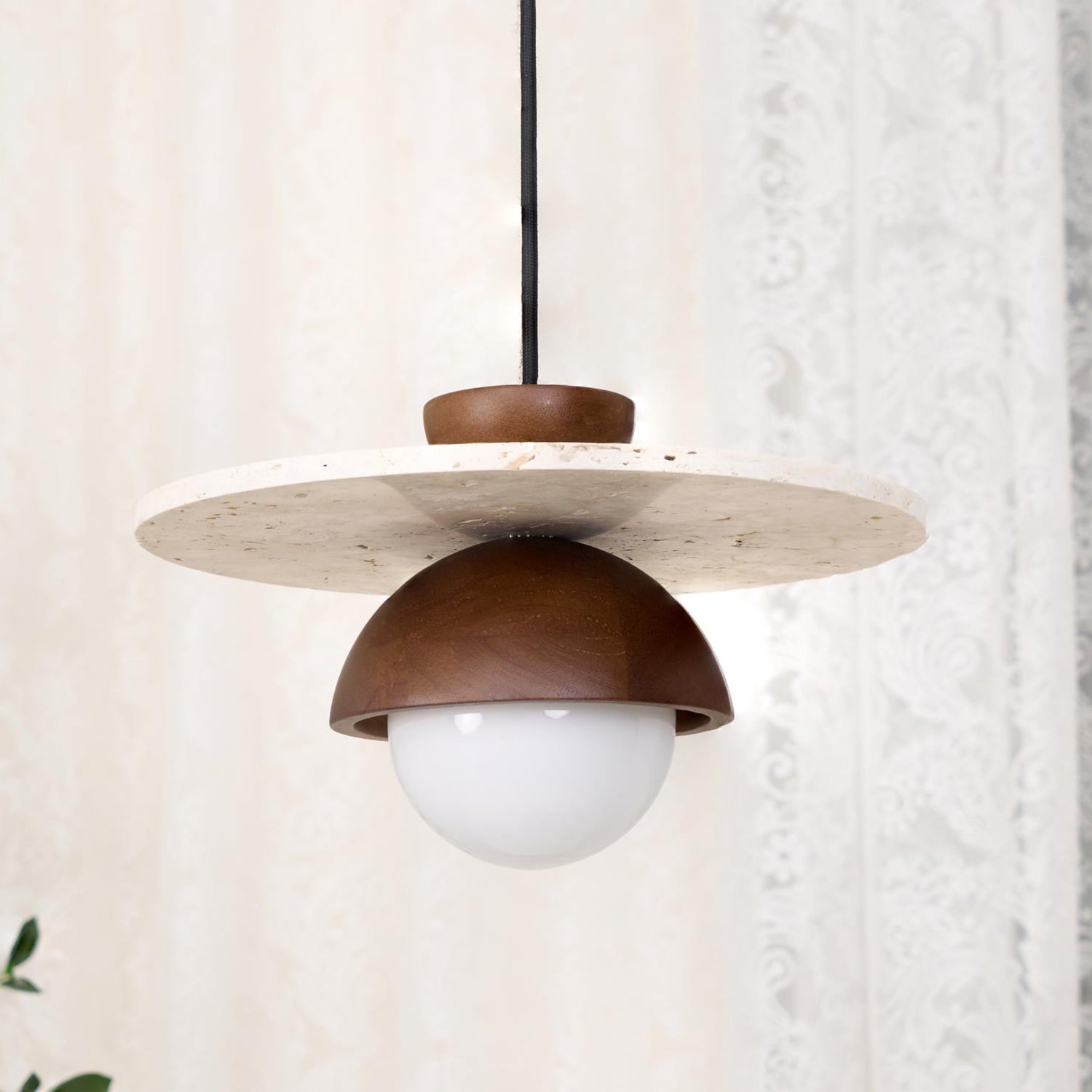 Pendant Lamp Glass Globe Travertine Disc Walnut Wood Natural - Letslighting