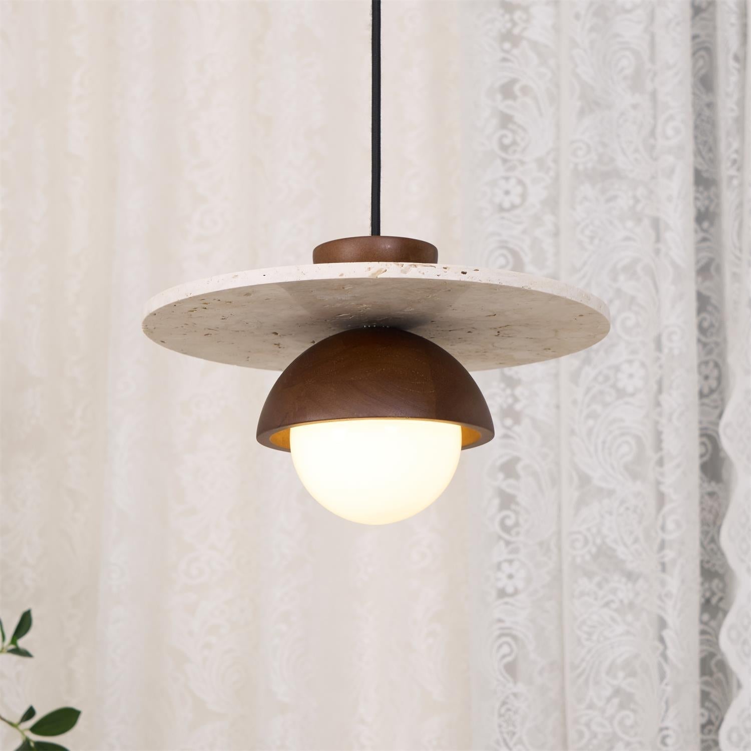 Pendant Lamp Glass Globe Travertine Disc Walnut Wood Natural - Letslighting
