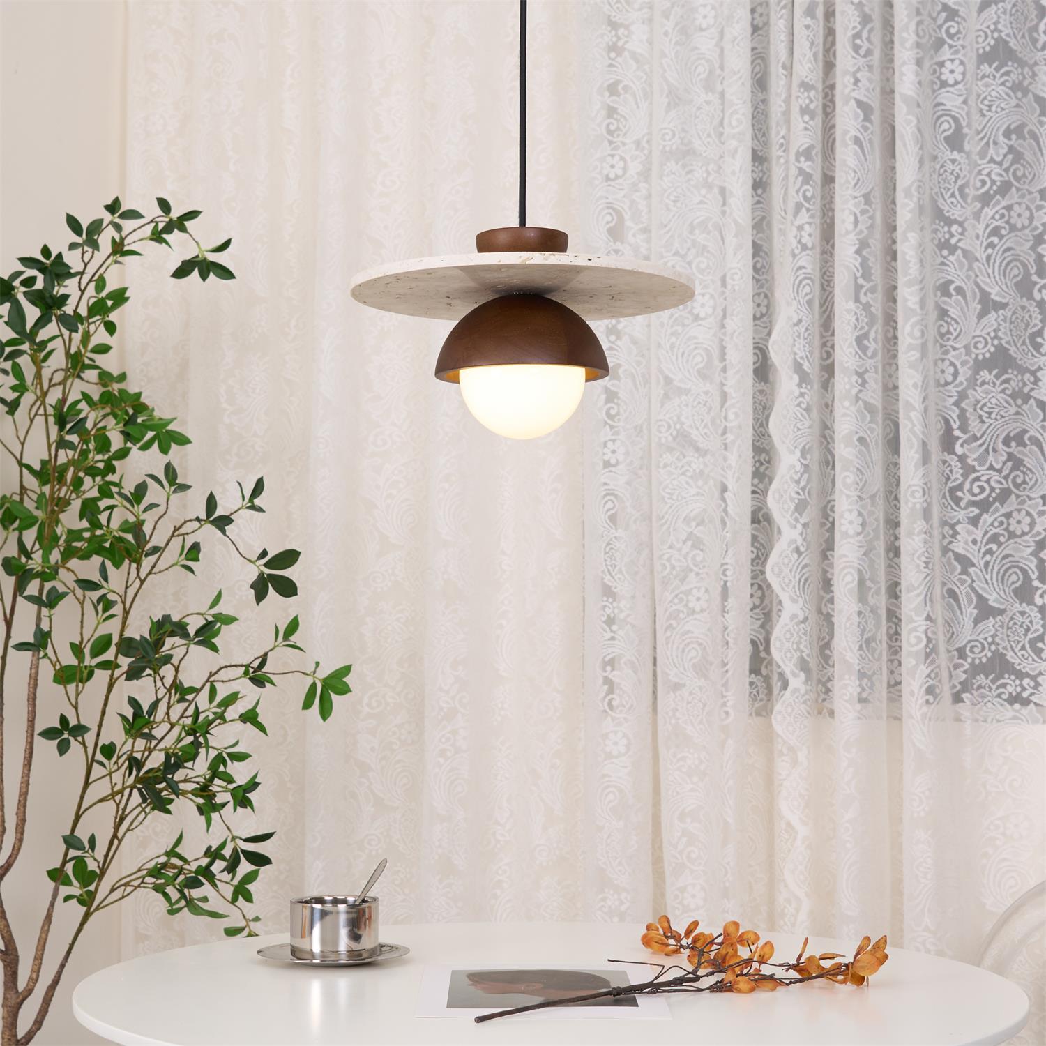 Pendant Lamp Glass Globe Travertine Disc Walnut Wood Natural - Letslighting