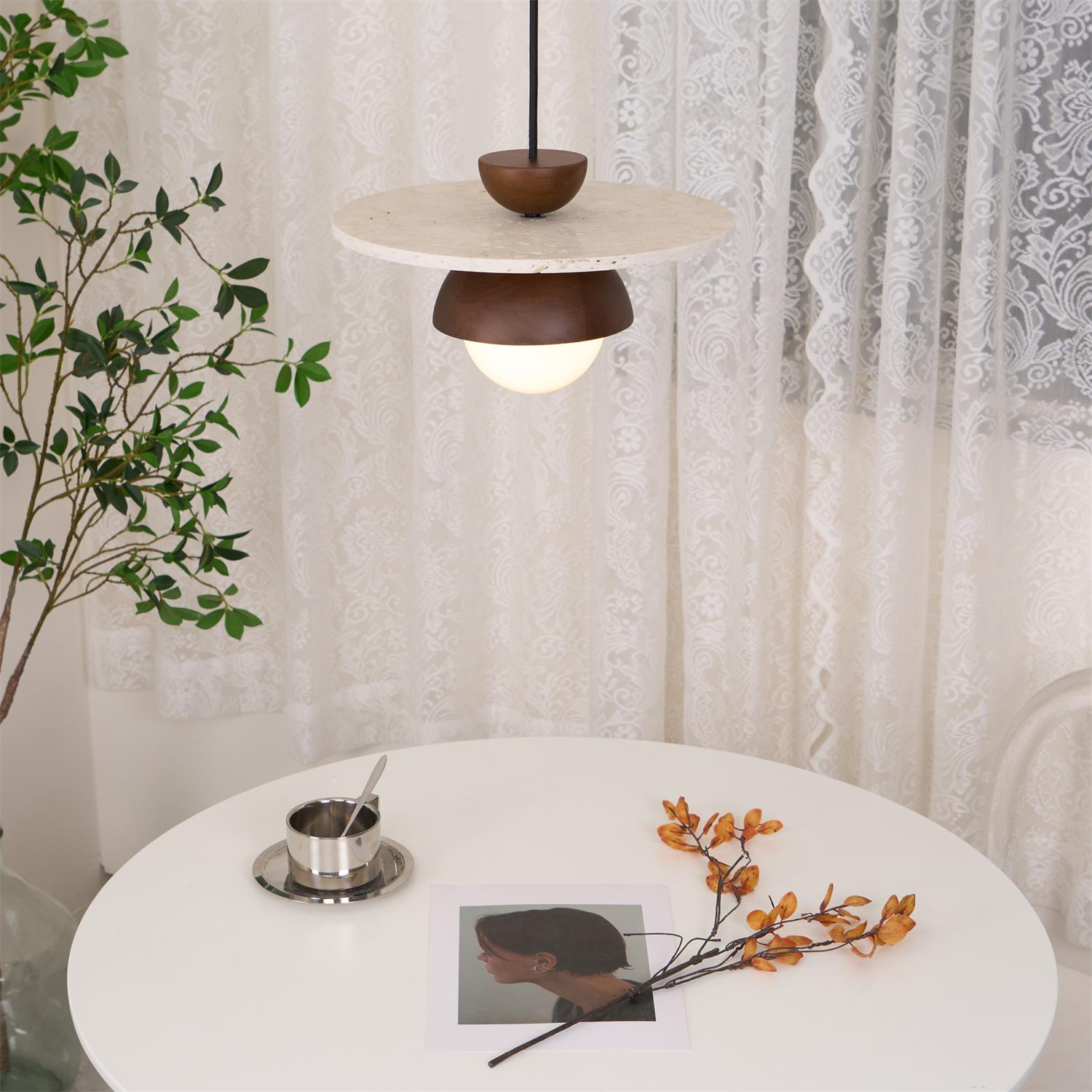 Pendant Lamp Glass Globe Travertine Disc Walnut Wood Natural - Letslighting