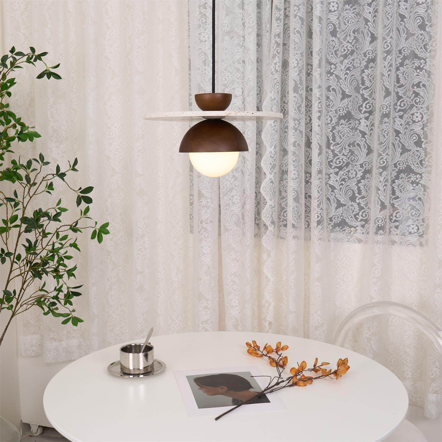 Pendant Lamp Glass Globe Travertine Disc Walnut Wood Natural - Letslighting