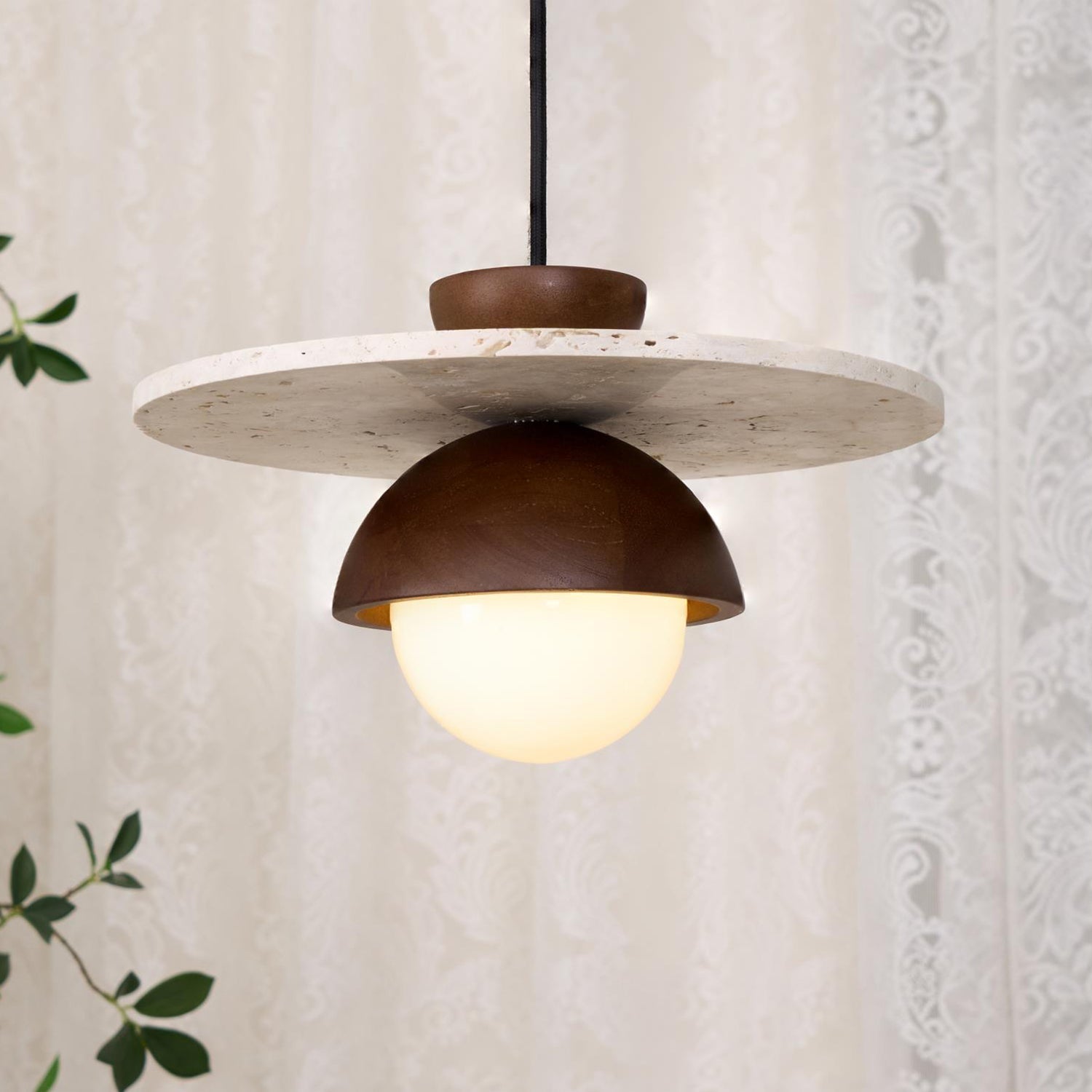 Pendant Lamp Glass Globe Travertine Disc Walnut Wood Natural - Letslighting