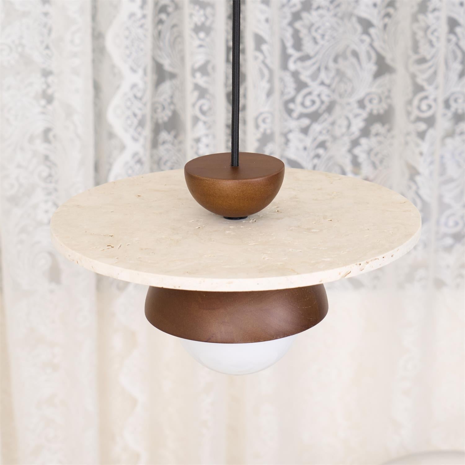 Pendant Lamp Glass Globe Travertine Disc Walnut Wood Natural - Letslighting
