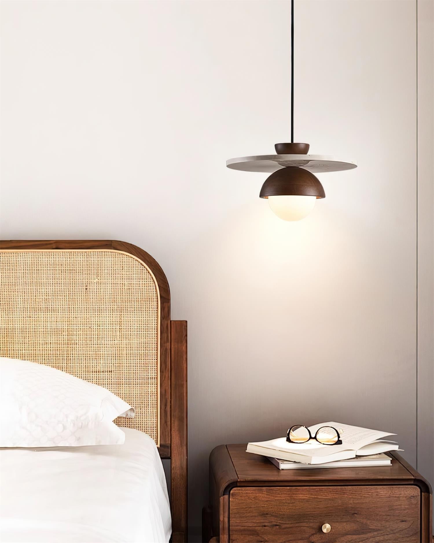Pendant Lamp Glass Globe Travertine Disc Walnut Wood Natural - Letslighting
