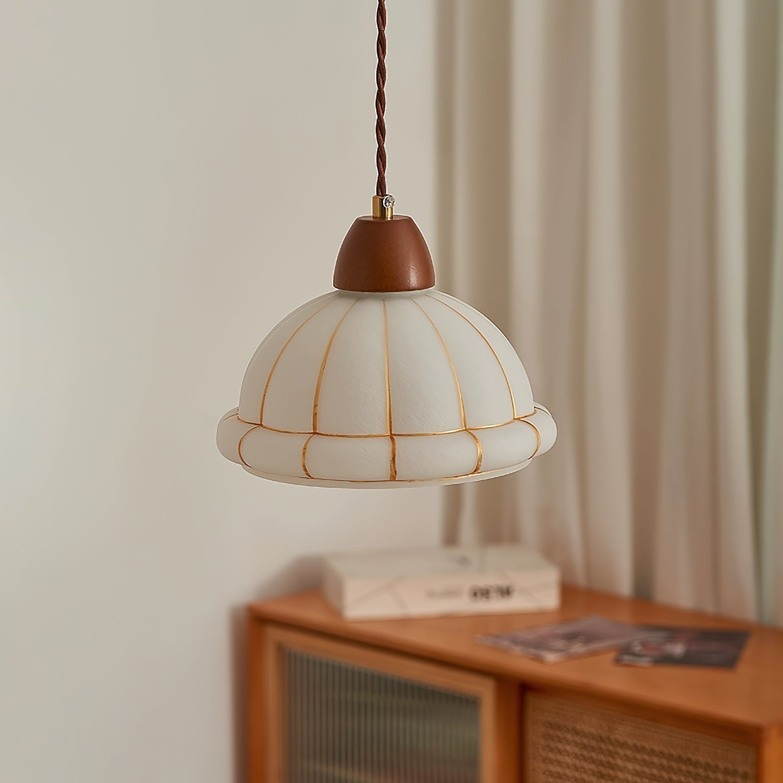 Pendant Lamp Glass Dome Shade Walnut Wood Accent Minimalist - Letslighting