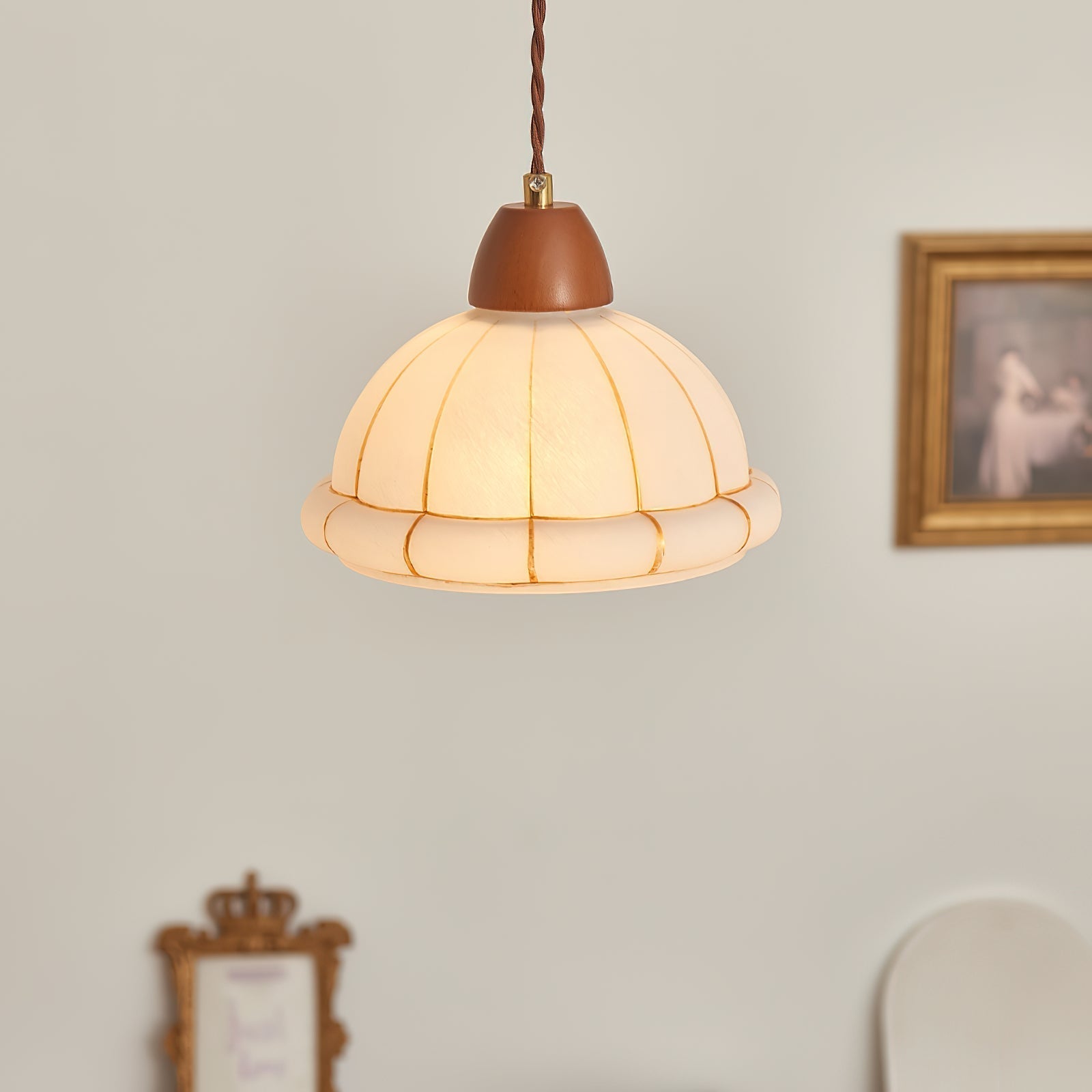 Pendant Lamp Glass Dome Shade Walnut Wood Accent Minimalist - Letslighting