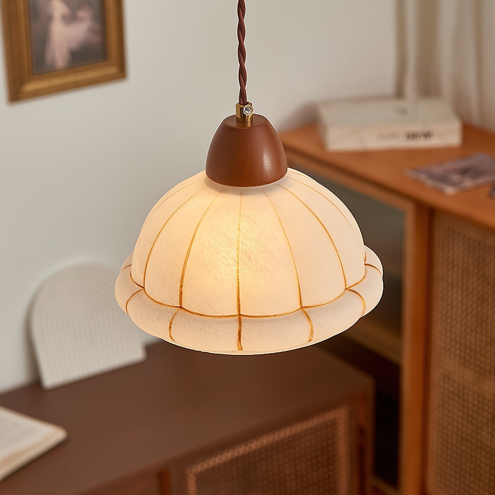 Pendant Lamp Glass Dome Shade Walnut Wood Accent Minimalist - Letslighting