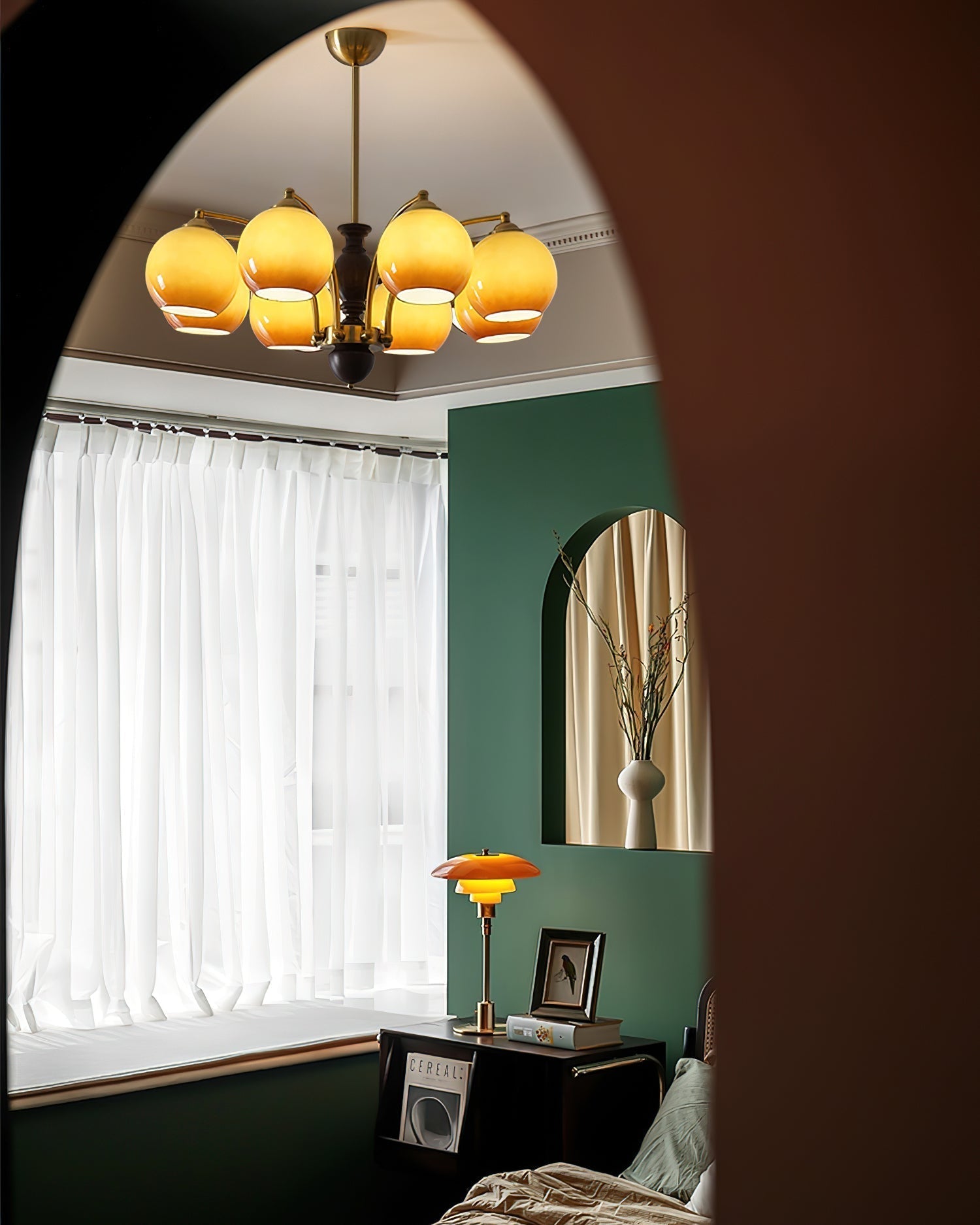 Chandelier Glass Shades Frame Wood Accents Mid-Century Calm - Letslighting