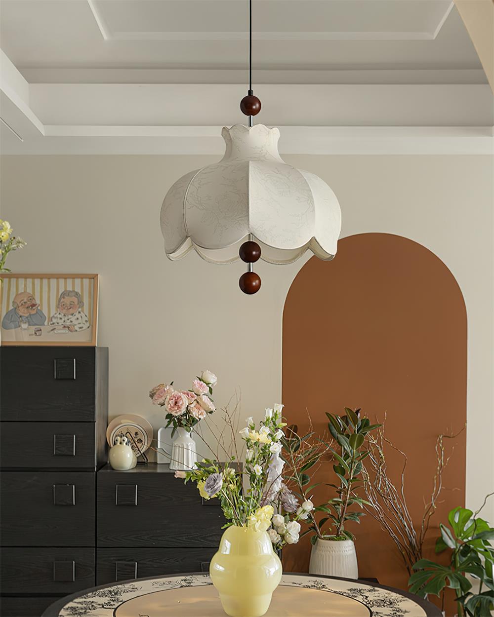 Oria Suspension avec abat-jour en tissu et accents en bois, style vintage, pour salon - Neutralighting