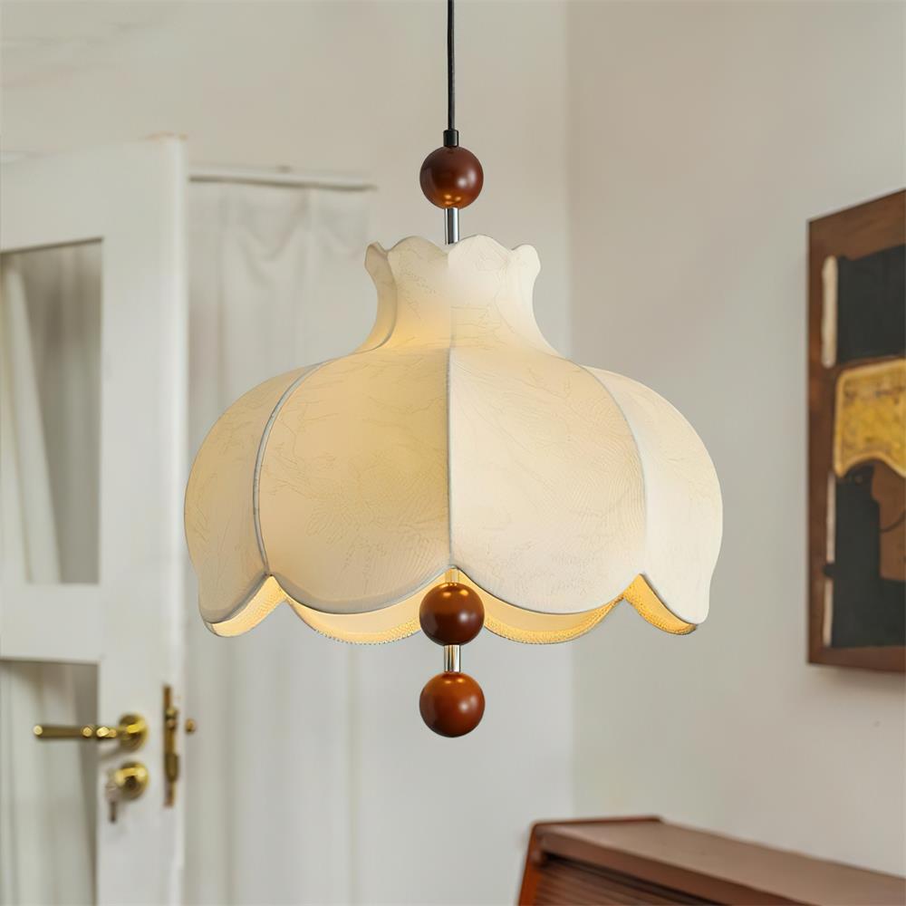 Oria Suspension avec abat-jour en tissu et accents en bois, style vintage, pour salon - Neutralighting