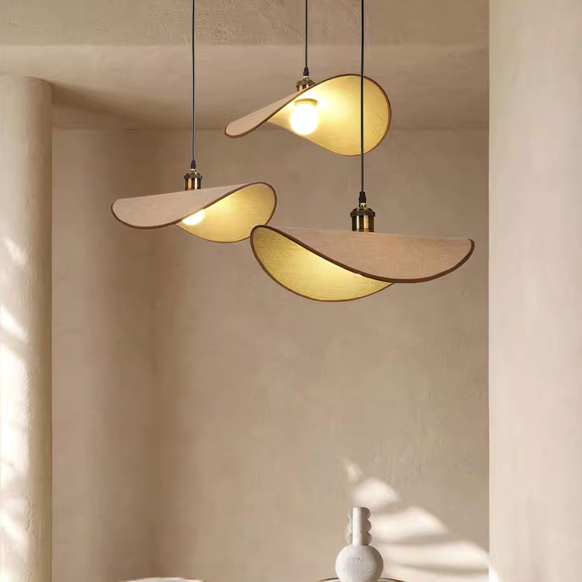 Pendant Lamp Linen Fabric Shade Wood Organic Sculptural - Letslighting