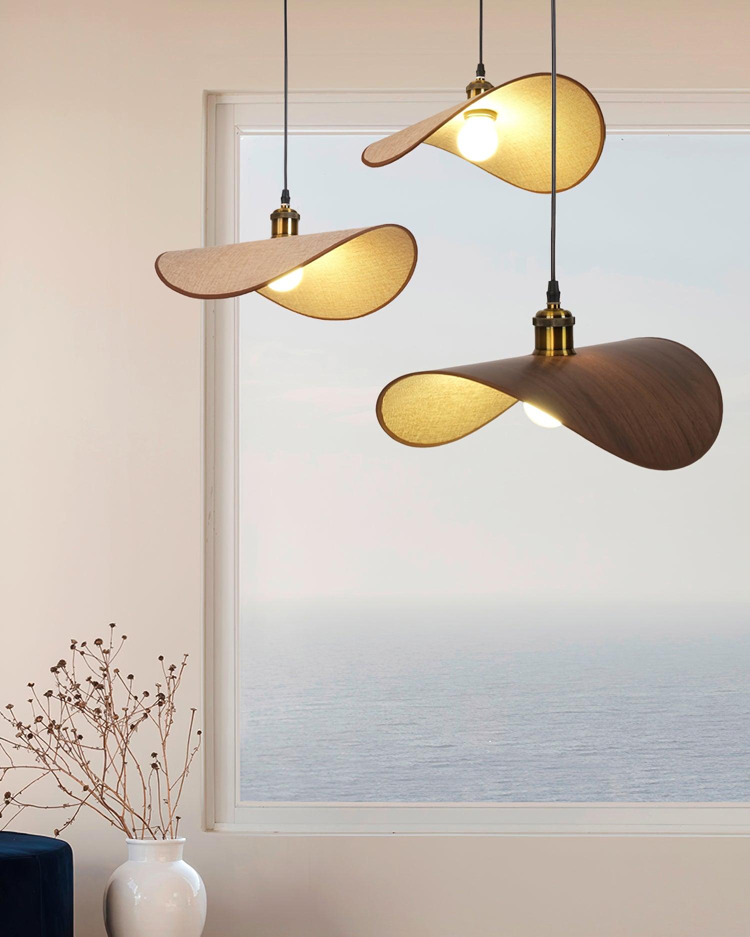 Pendant Lamp Linen Fabric Shade Wood Organic Sculptural - Letslighting