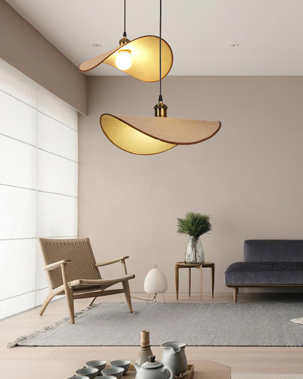 Pendant Lamp Linen Fabric Shade Wood Organic Sculptural - Letslighting