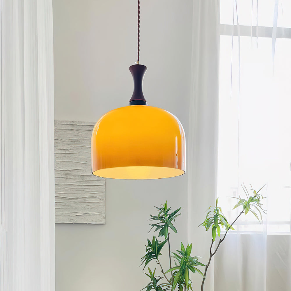 Lacey Suspension Lampe en Verre avec Dôme Ambre et Col en Bois - Neutralighting