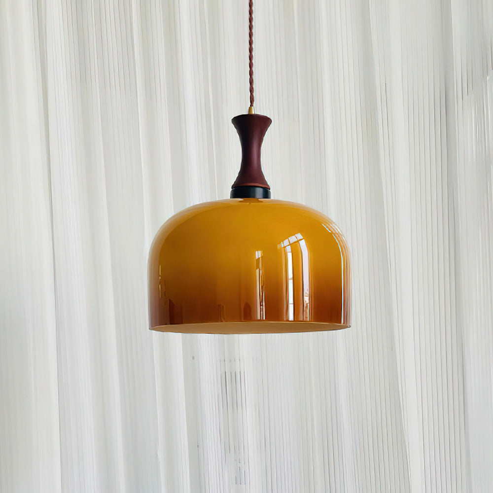 Lacey Suspension Lampe en Verre avec Dôme Ambre et Col en Bois - Neutralighting