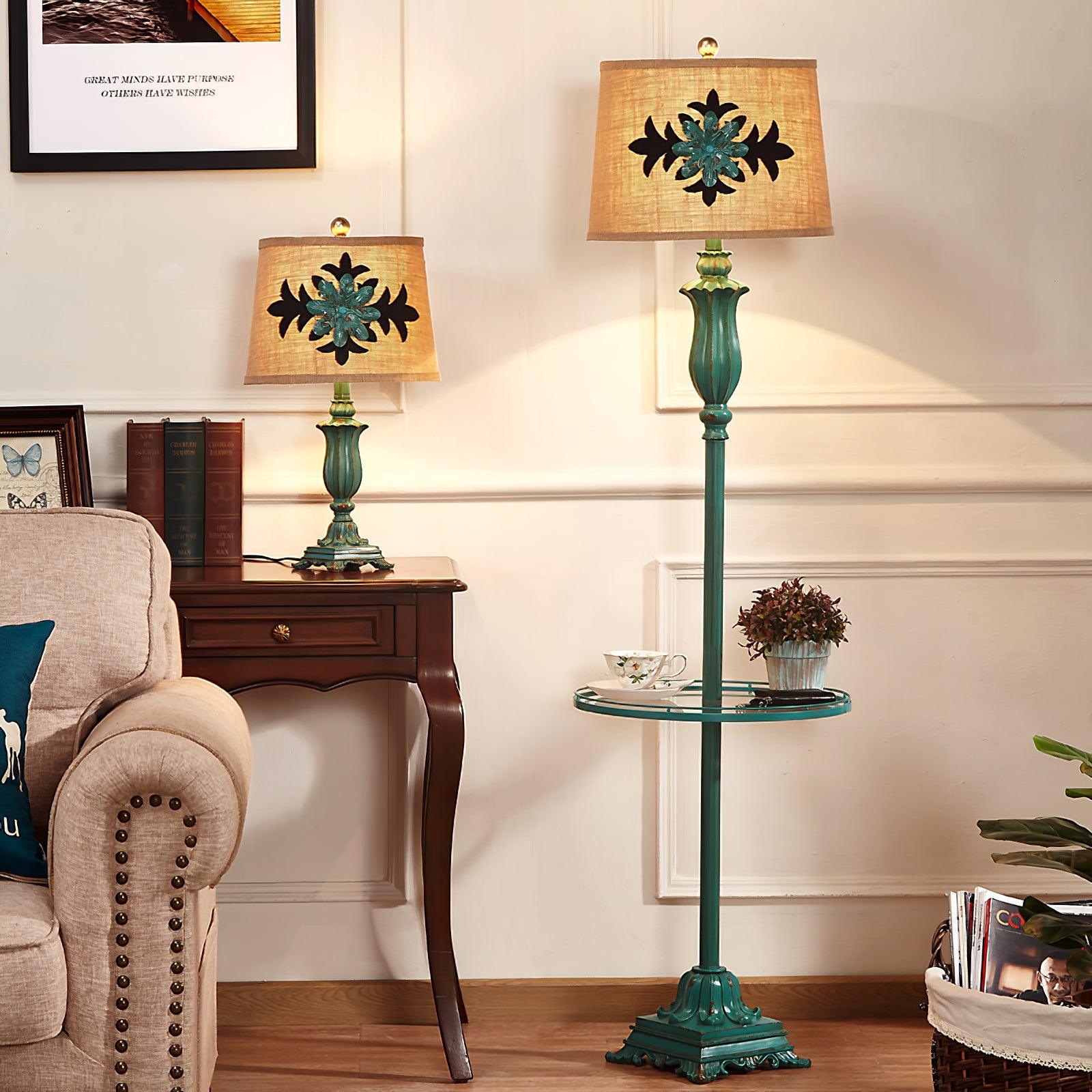 Tiffany Lampadaire Cylindre Vintage, Métal/Résine, Vert, Salon