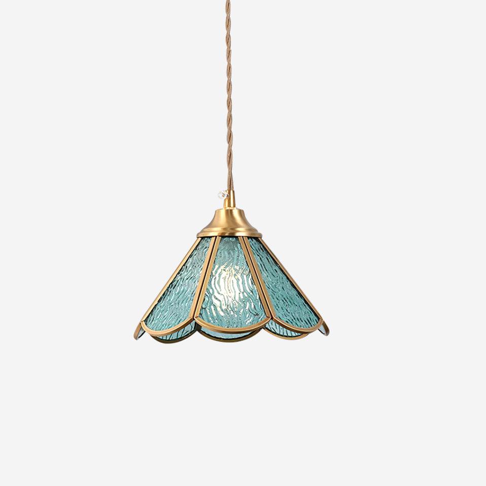 Suspension en Verre Bleu Texturé et Laiton Festonné Art Nouveau - Neutralighting