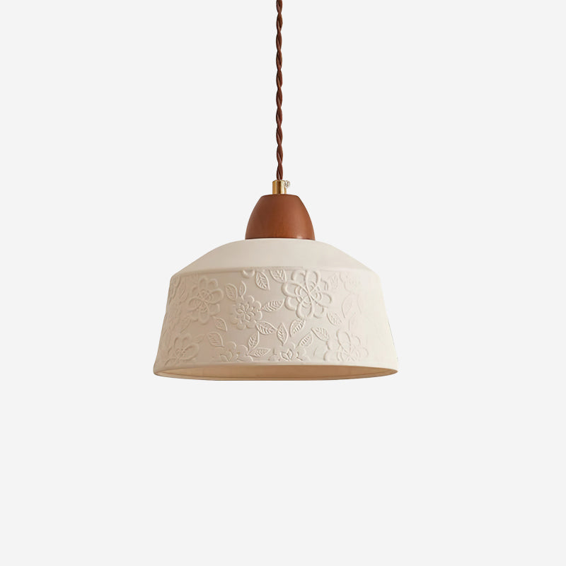 Pendant Lamp Textured Ceramic Drum Walnut Wood Retro - Letslighting