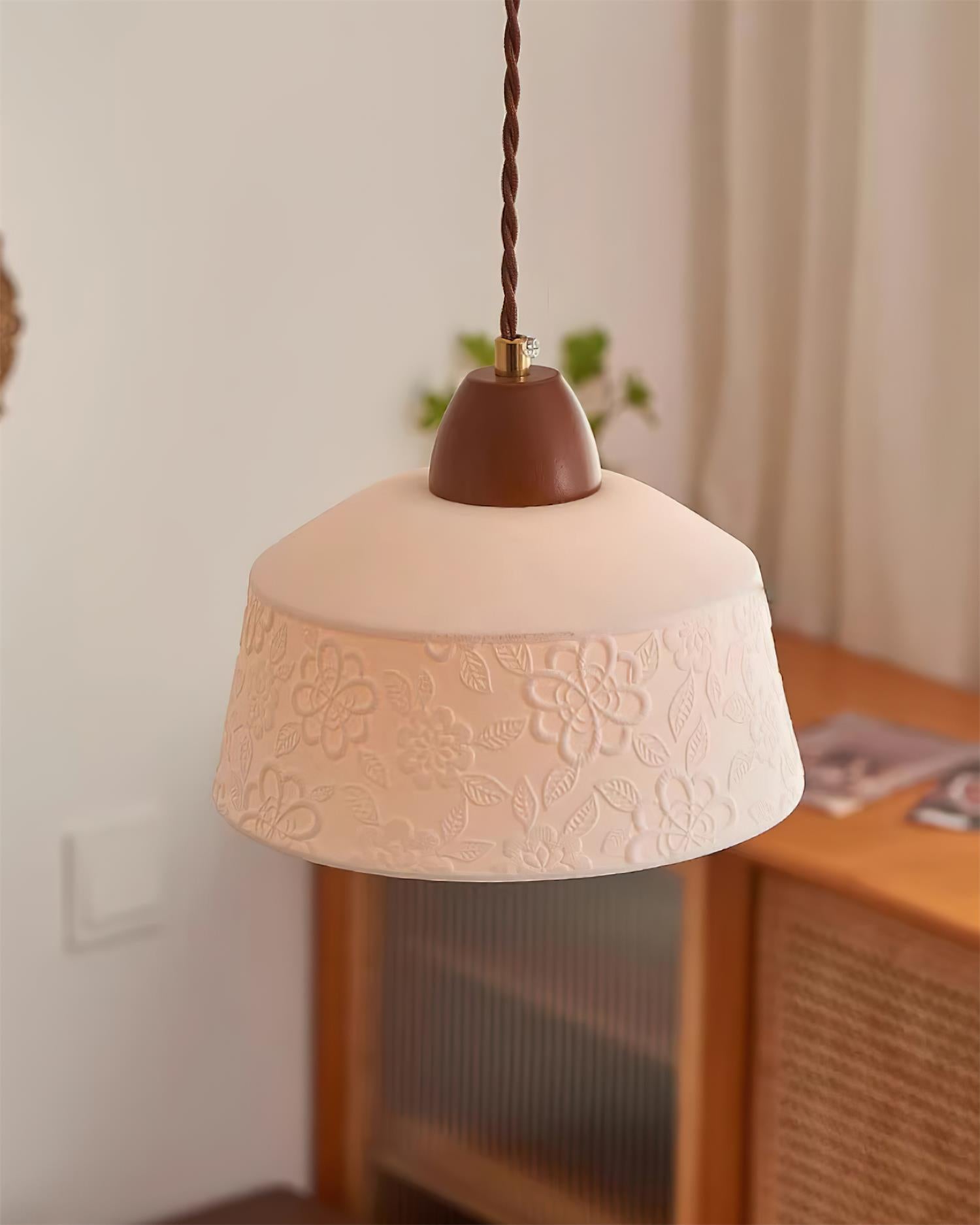 Pendant Lamp Textured Ceramic Drum Walnut Wood Retro - Letslighting