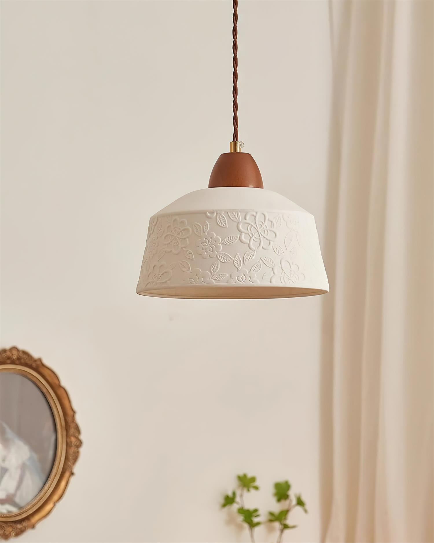 Pendant Lamp Textured Ceramic Drum Walnut Wood Retro - Letslighting