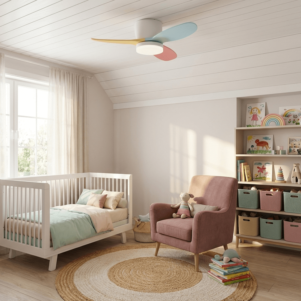 Gros plan sur la LED intégrée et l'abat-jour en acrylique du plafonnier ventilateur Milo Pétale.