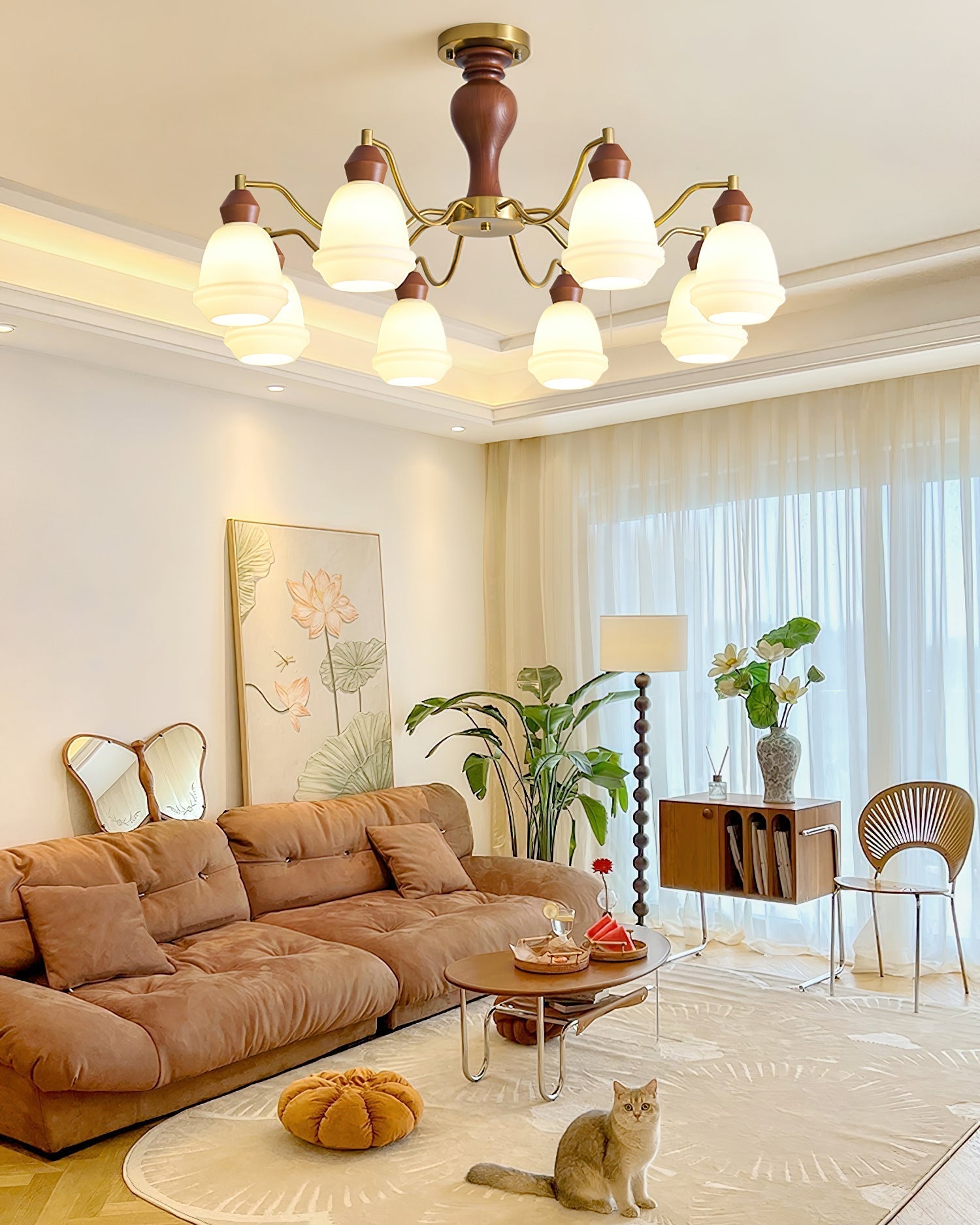 Magiro Chandelier Frosted Glass Wood Arms - Letslighting