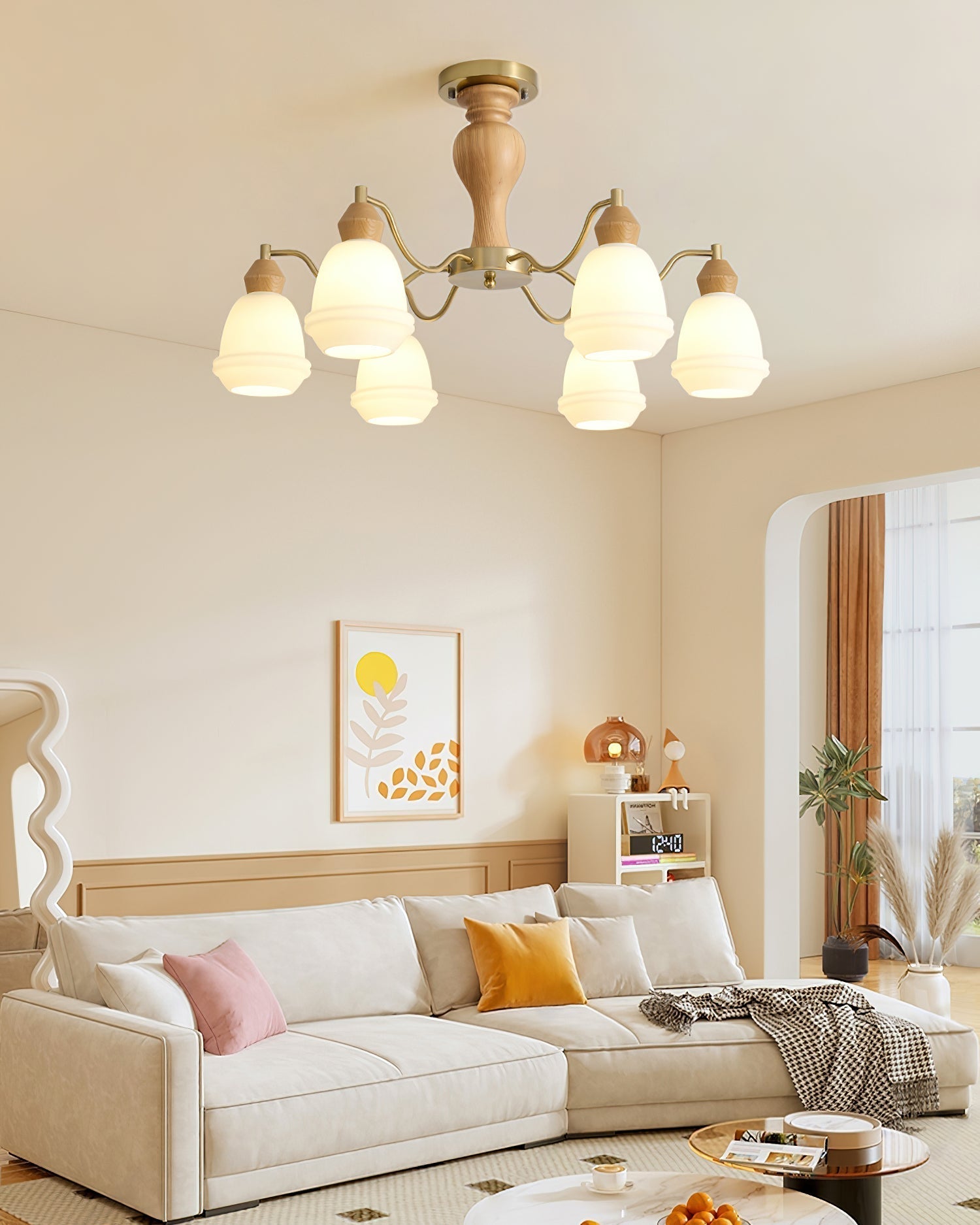 Magiro Chandelier Frosted Glass Wood Arms - Letslighting