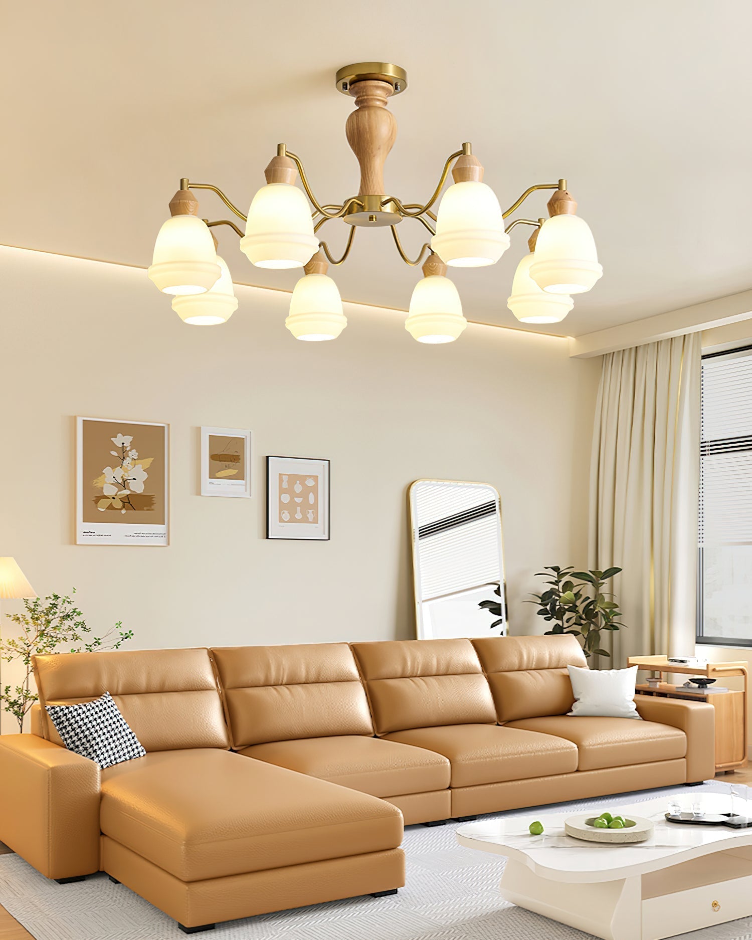 Magiro Chandelier Frosted Glass Wood Arms - Letslighting