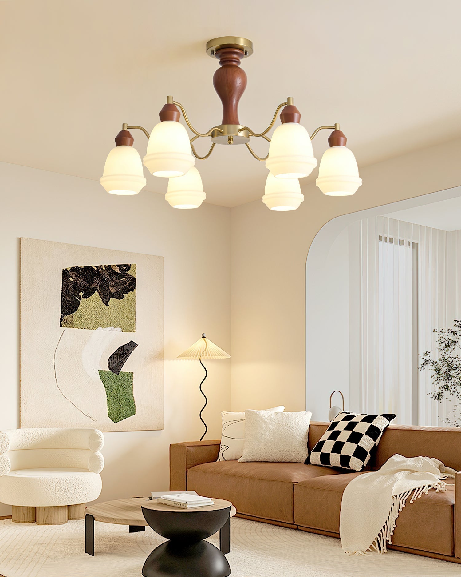 Magiro Chandelier Frosted Glass Wood Arms - Letslighting