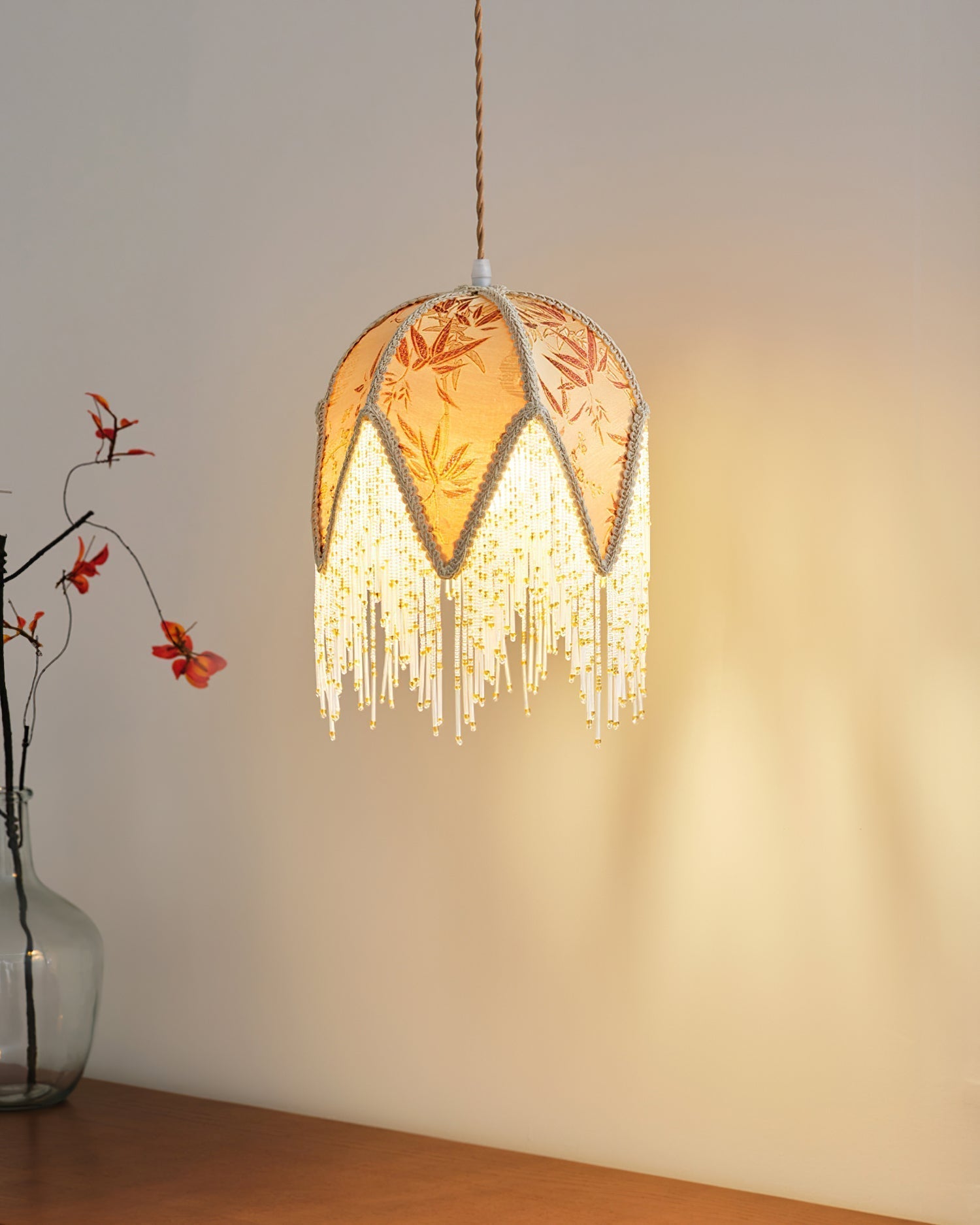 Magnolia Suspension Lampe Pompon Tissu Floral Bambou Franges - Neutralighting