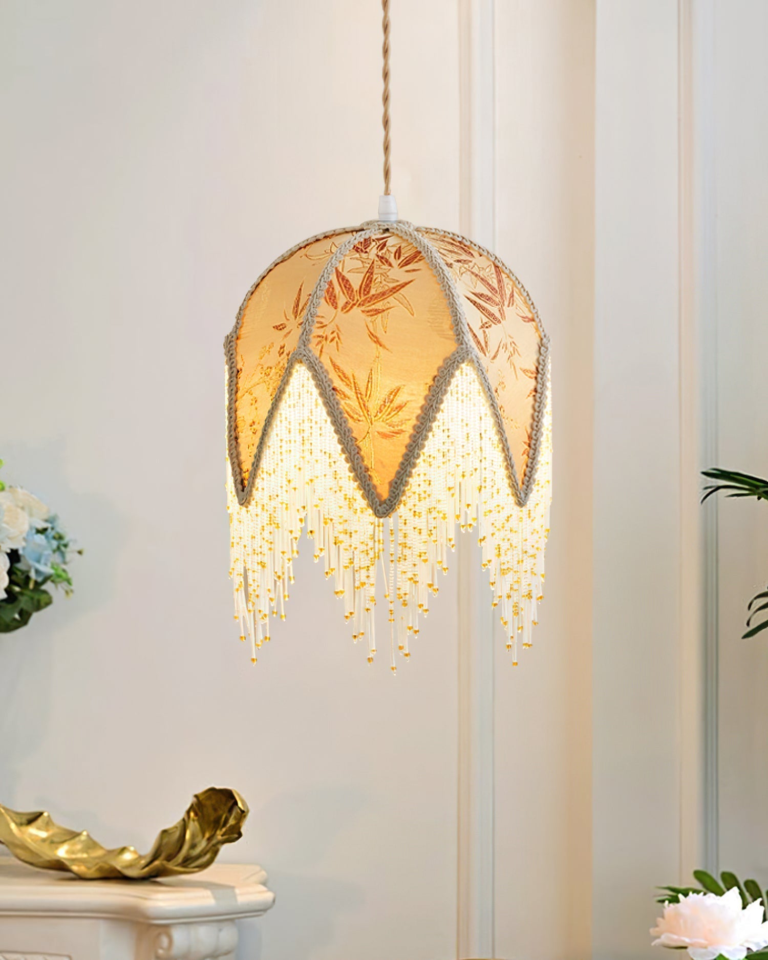 Magnolia Suspension Lampe Pompon Tissu Floral Bambou Franges - Neutralighting