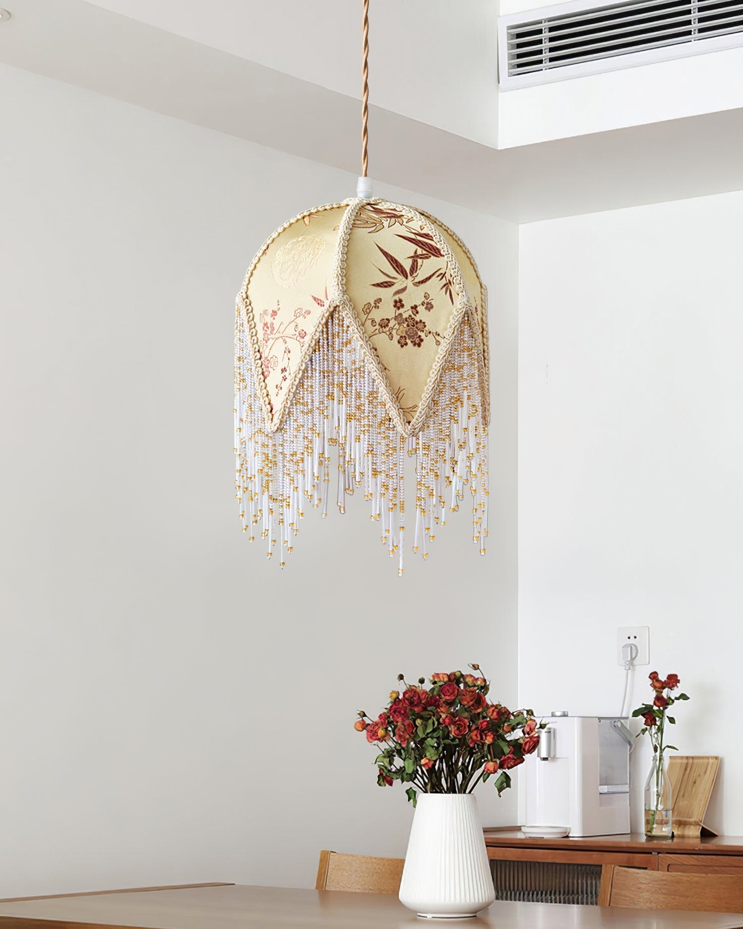Magnolia Suspension Lampe Pompon Tissu Floral Bambou Franges - Neutralighting
