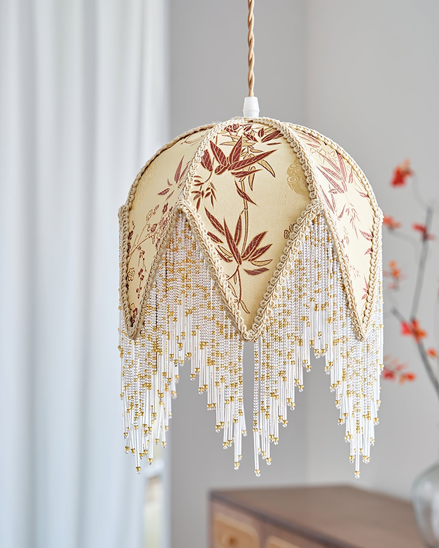 Magnolia Suspension Lampe Pompon Tissu Floral Bambou Franges - Neutralighting