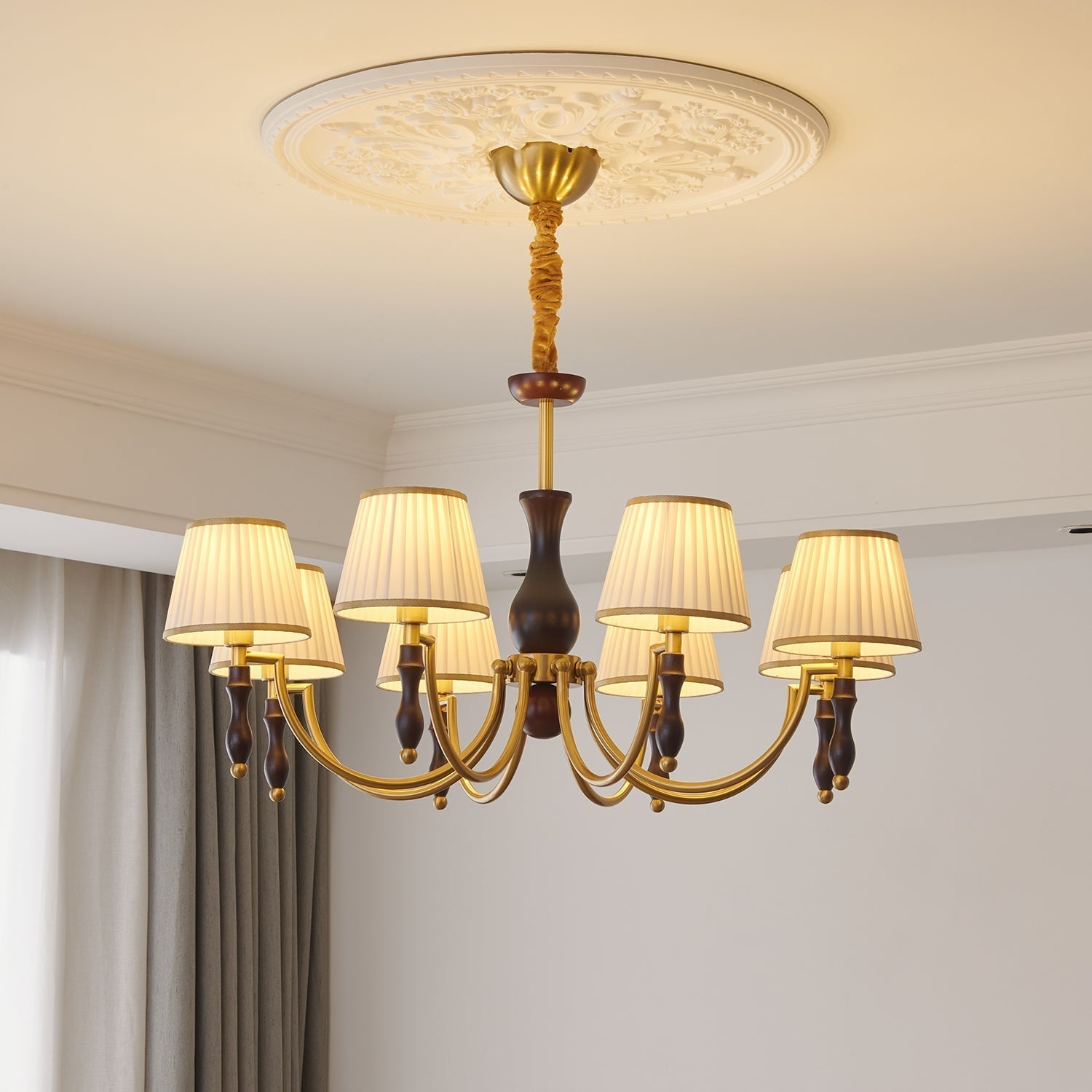 Lustra Chandelier Abat-jours Floraux et Noyer - Neutralighting