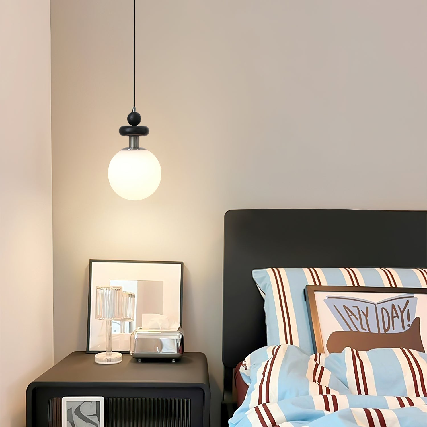 Marra Globe Pendant Lamp Matte Black Wood Frosted - Letslighting