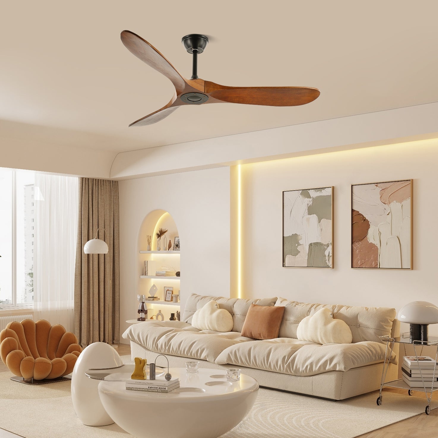 Ventilateur de plafond en bois Aviona mettant en avant sa fonction de contrôle à 6 vitesses