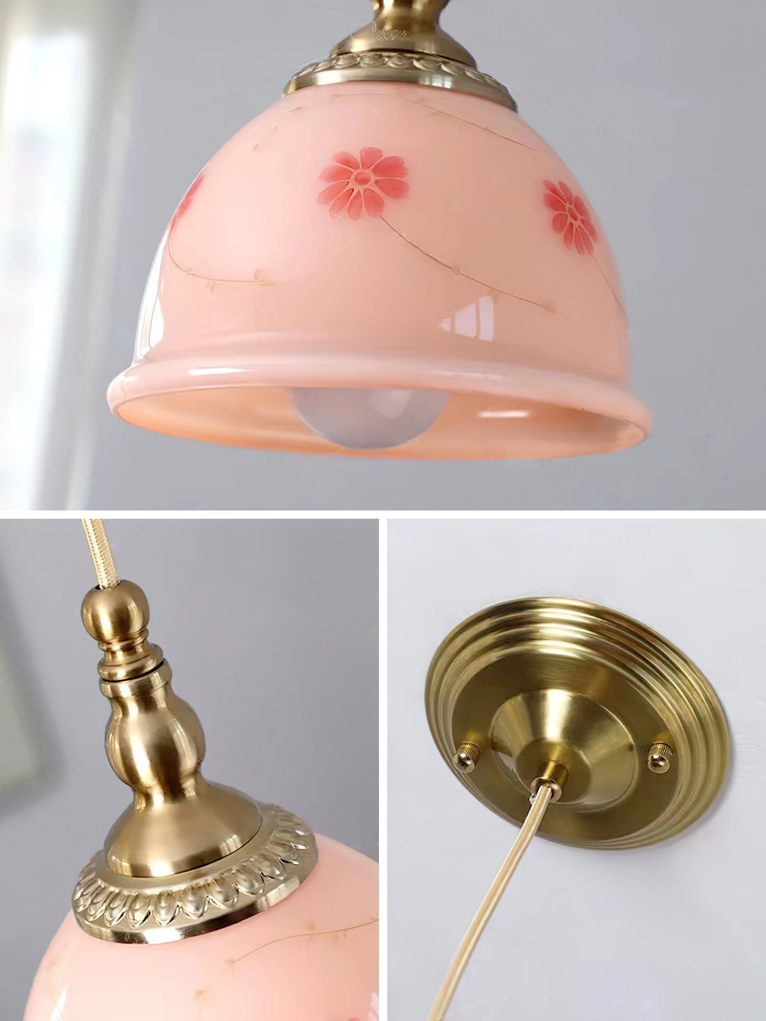 Suspension Laiton Verre Floral Modèle Dôme Ombre Ancien - Neutralighting