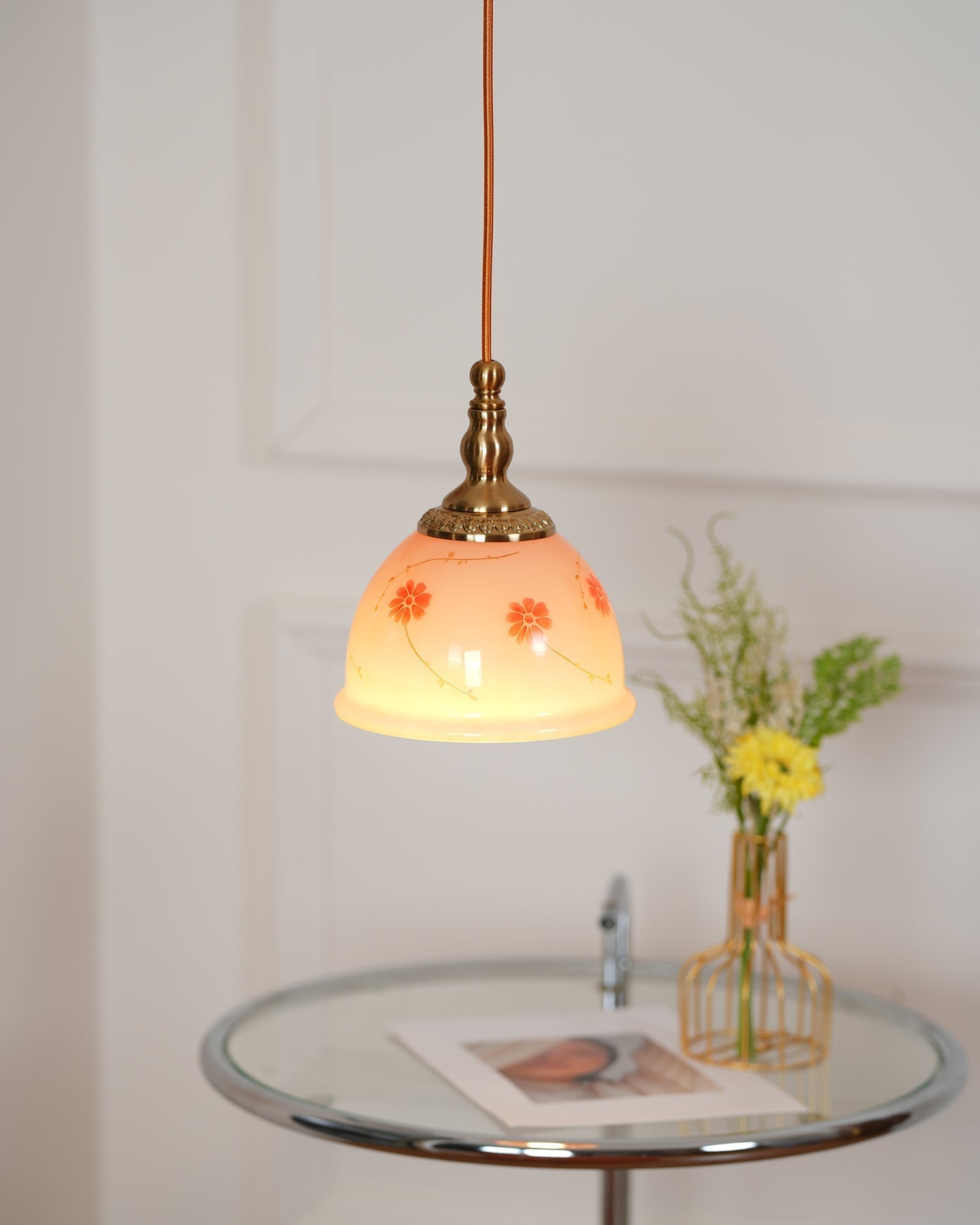 Suspension Laiton Verre Floral Modèle Dôme Ombre Ancien - Neutralighting