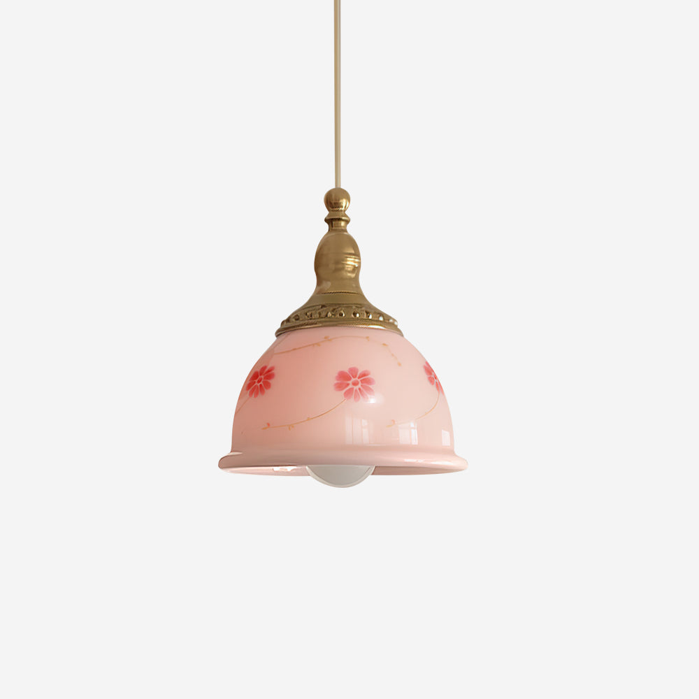 Suspension Laiton Verre Floral Modèle Dôme Ombre Ancien - Neutralighting