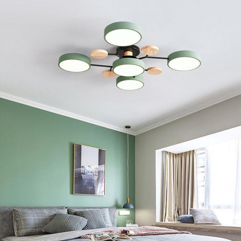 Arisha Plafonnier Rond Moderne, Métal/Bois, Blanc/Vert/Gris, Salon - Neutralighting