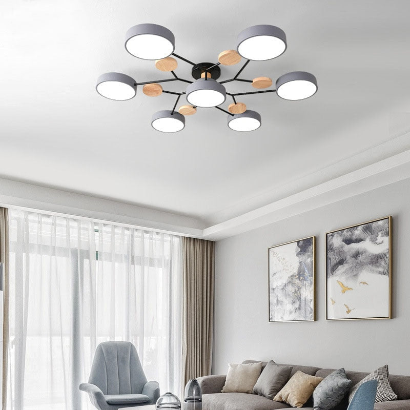 Arisha Plafonnier Rond Moderne, Métal/Bois, Blanc/Vert/Gris, Salon - Neutralighting
