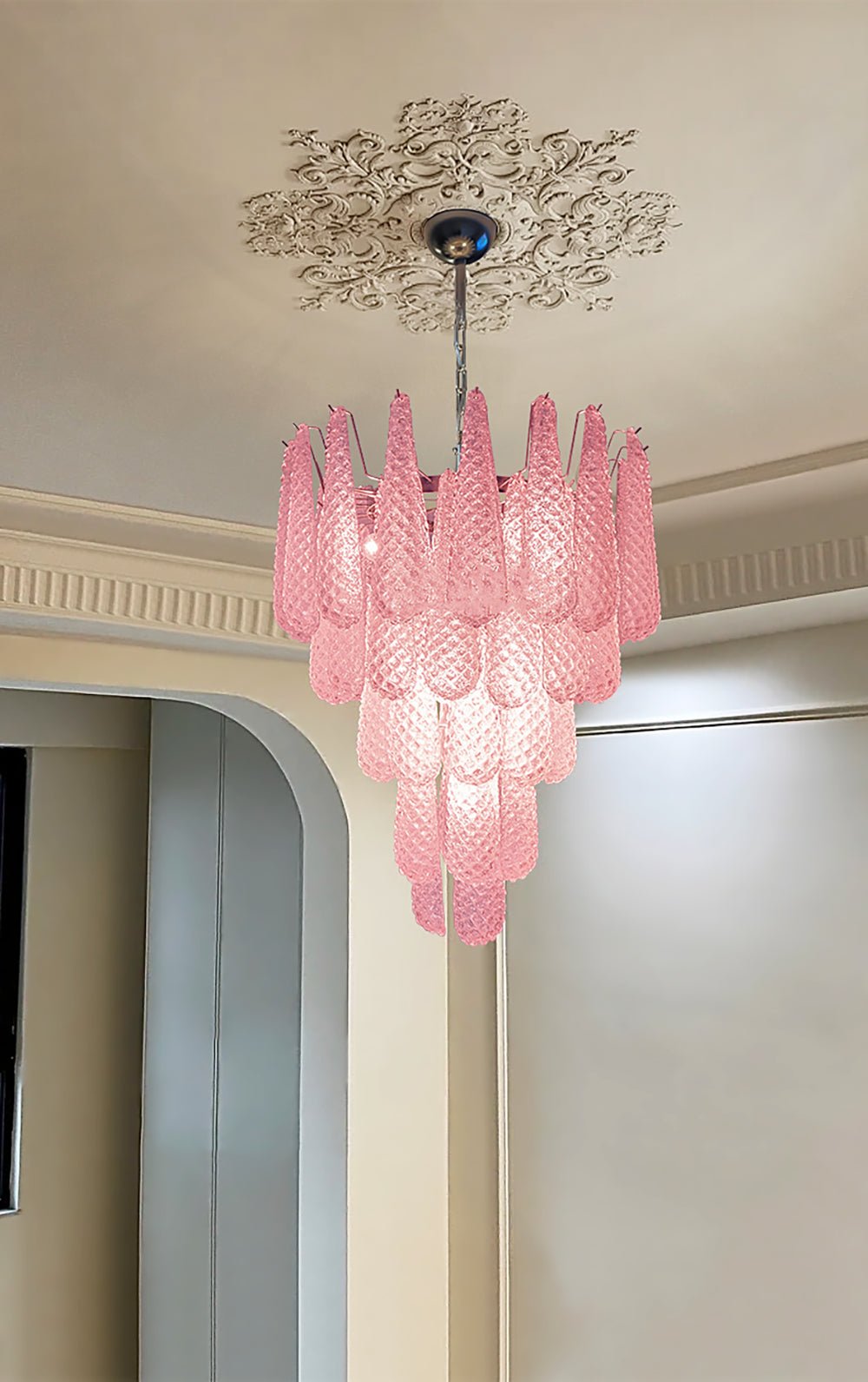 Aurora Chandelier Pink Droplet Murano Glass Diamond Pattern Waterfall - Letslighting