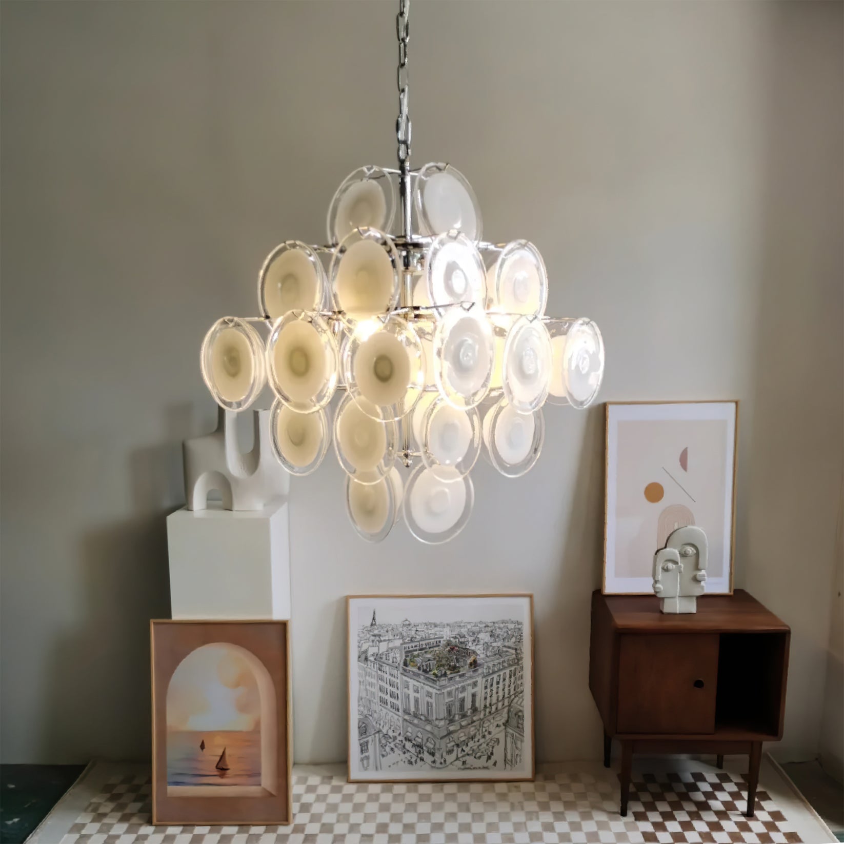 Aurora Chandelier White Murano Glass Discs Cluster - Letslighting