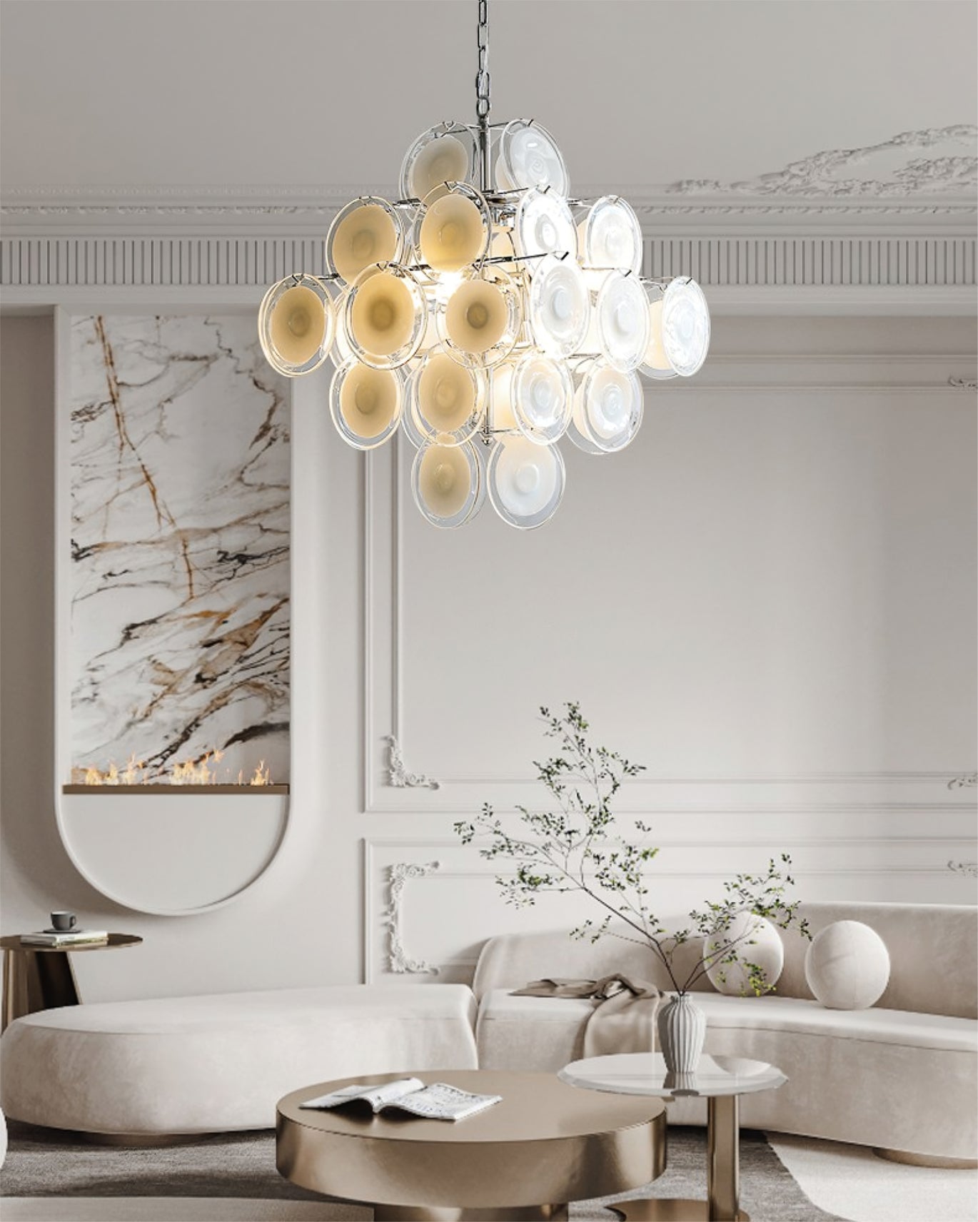 Aurora Chandelier White Murano Glass Discs Cluster - Letslighting