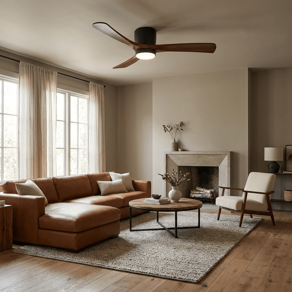 Image de style de vie du ventilateur de plafond nordique Ezra avec lumière, complétant un intérieur de style nordique.