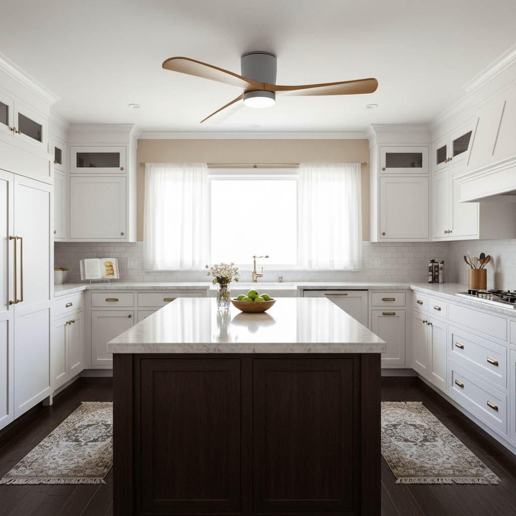 Ventilateur de plafond en bois nordique Ezra avec lumière, finition blanche, s'intégrant à un décor clair.