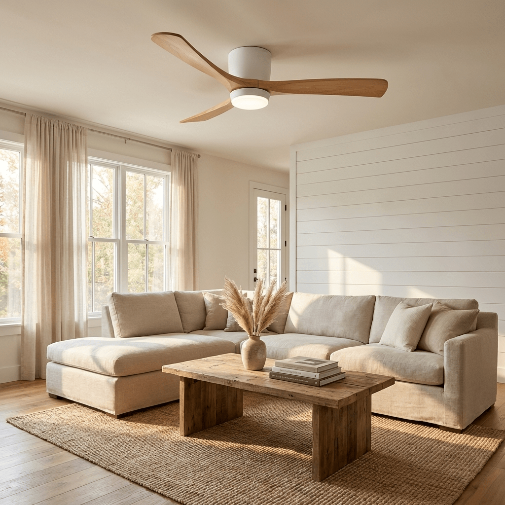 Ventilateur de plafond nordique Ezra avec lumière, présentant son grain et sa texture de bois naturel.
