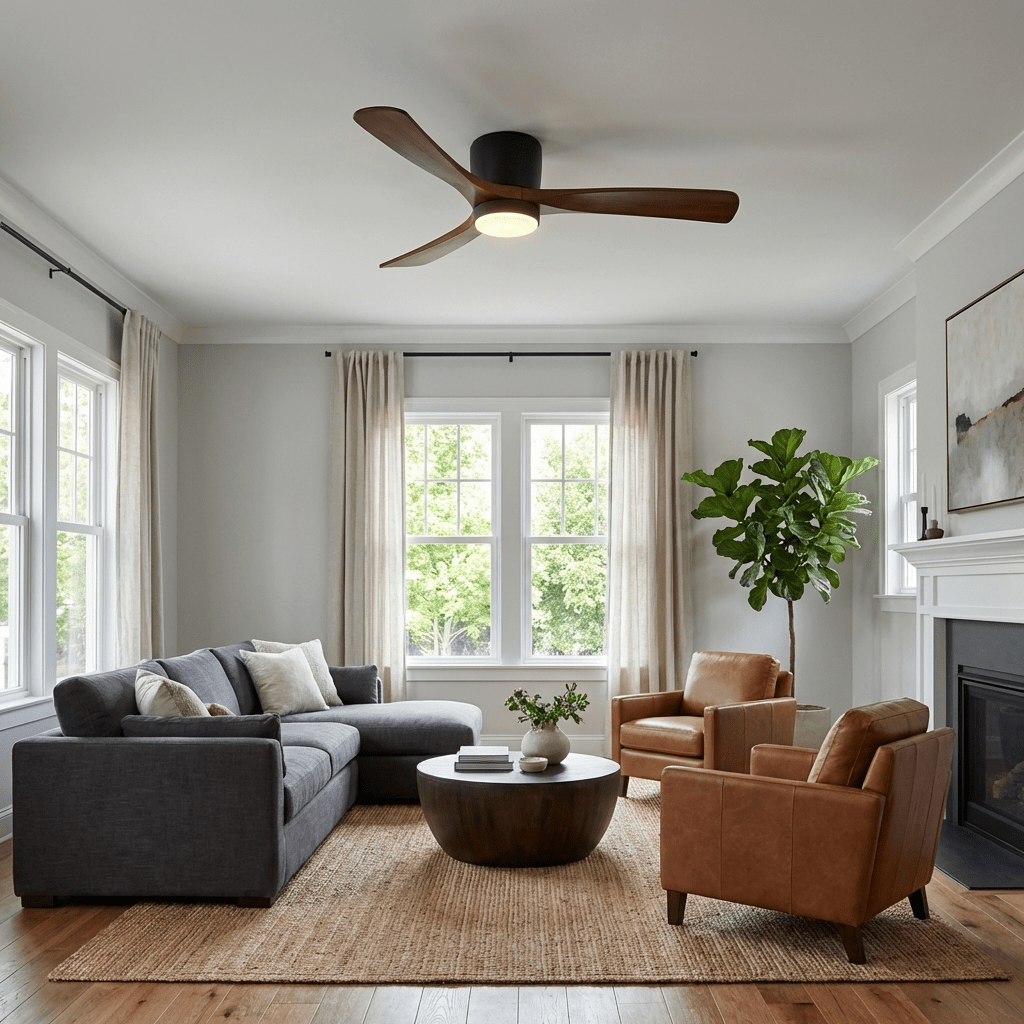 Ventilateur de plafond nordique Ezra avec lumière, installé sur un plafond haut, offrant un flux d'air suffisant.