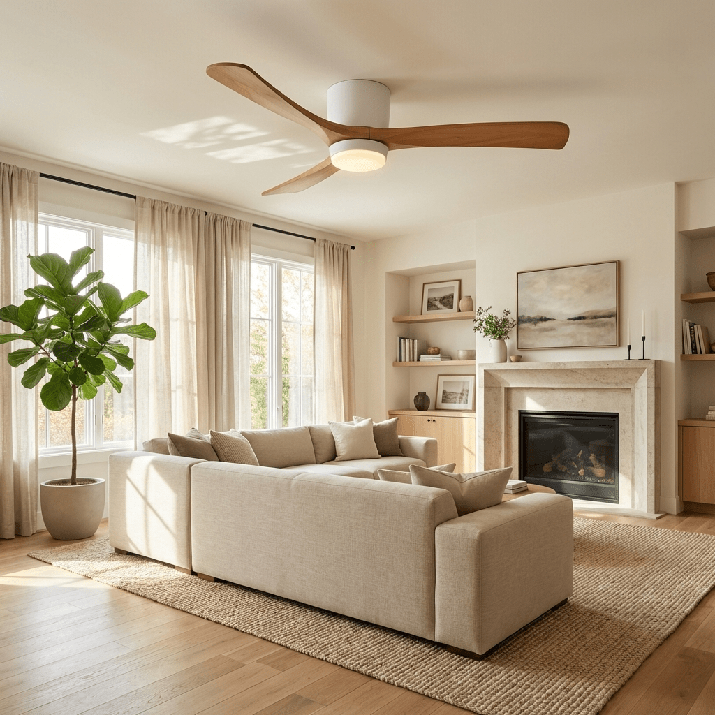 Vue plongeante du ventilateur de plafond en bois nordique Ezra avec lumière.